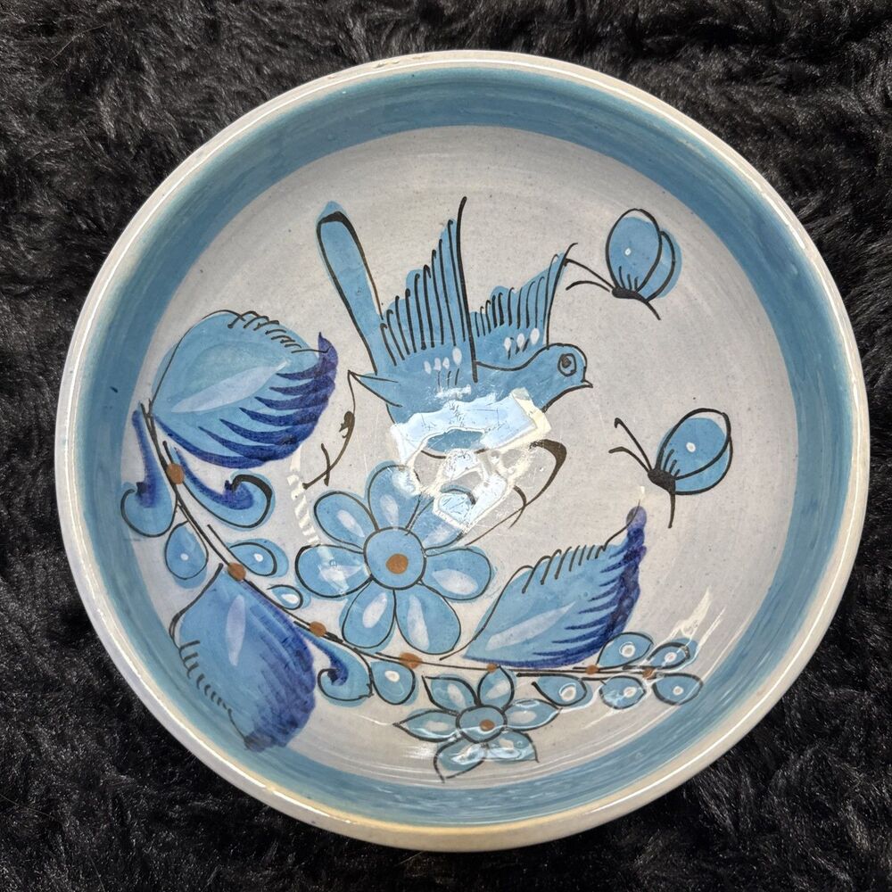 Tonala Mexico Blue Bird Pottery vintage serving bowl signed 7” diameter